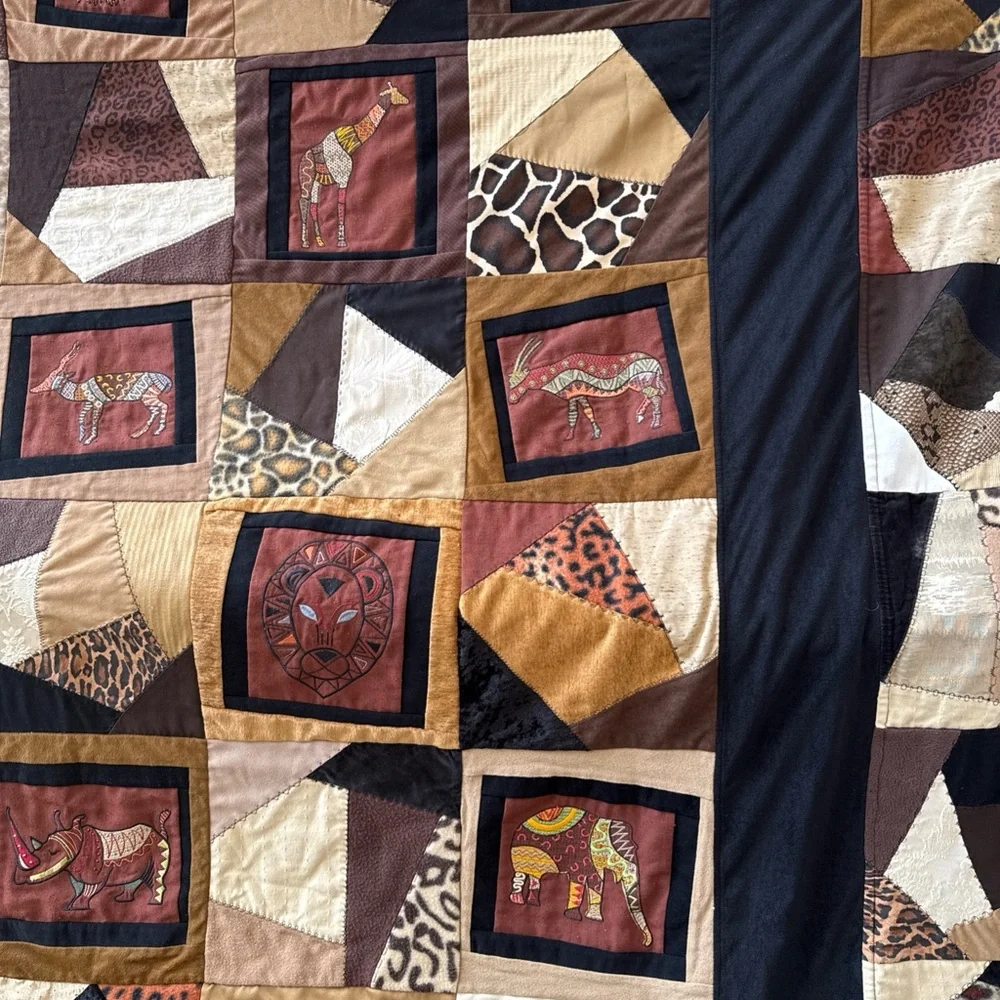 extra Large vintage, handmade Patchwork Animal safari Print Quilt brown and blk